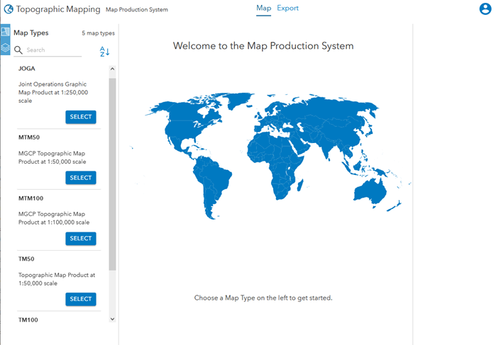 The MPS web app with the Map Types pane expanded